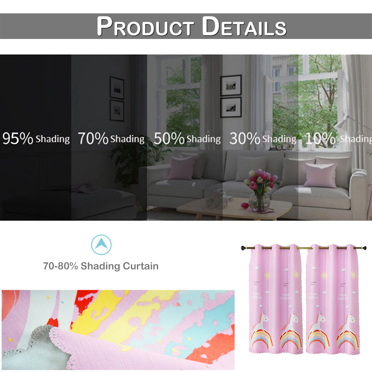 Unicorn Cartoon Curtains, 1 Panel, Pink, 110*130cm/110*160cm/110*190cm