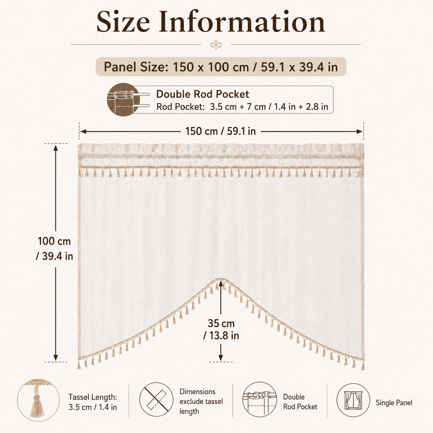 Arched cafe curtain in a linen blend with tassels in a country style