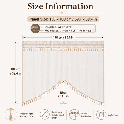 Arched cafe curtain in a linen blend with tassels in a country style