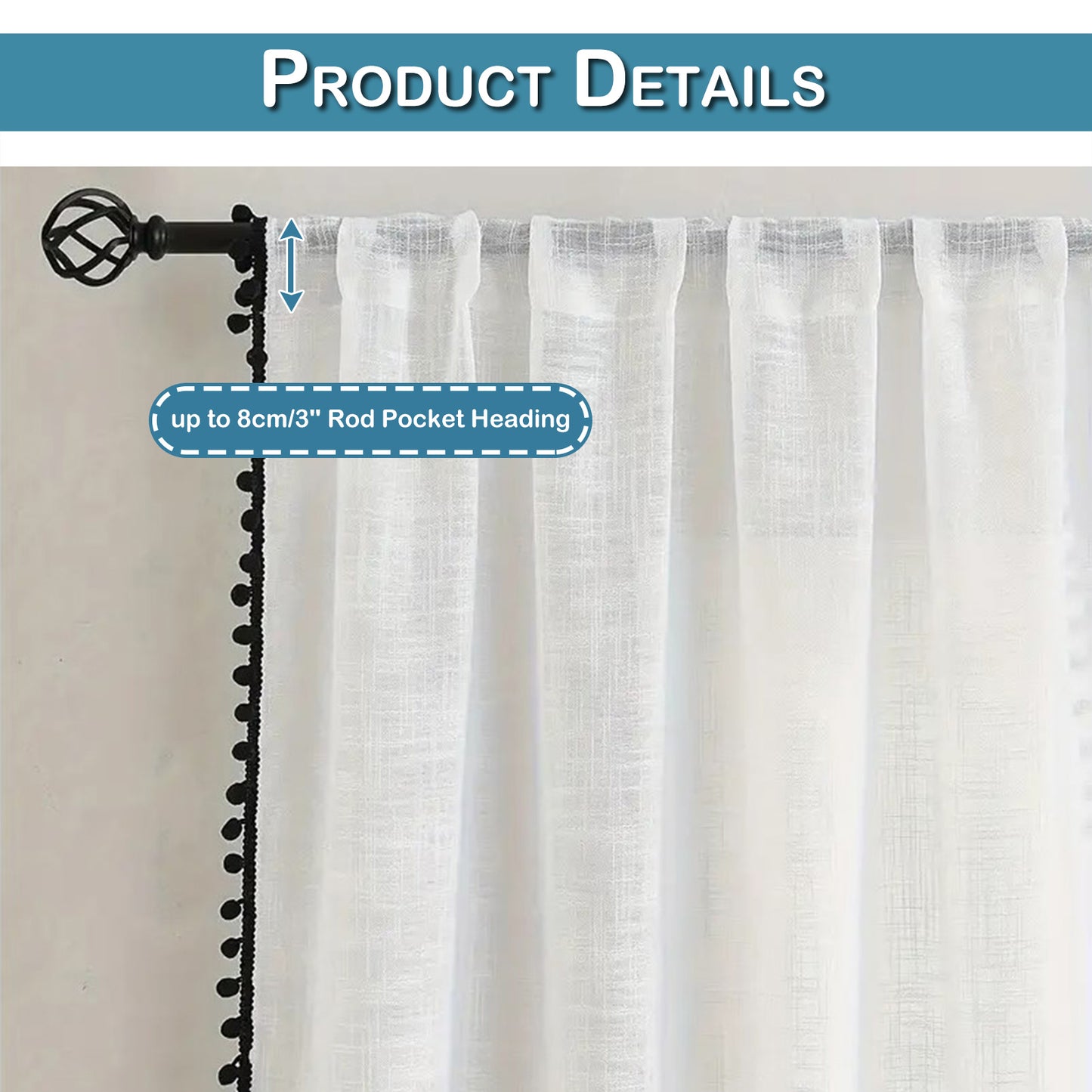 1 Panel Window Sheer Curtain Cute Ball Pompom Decor