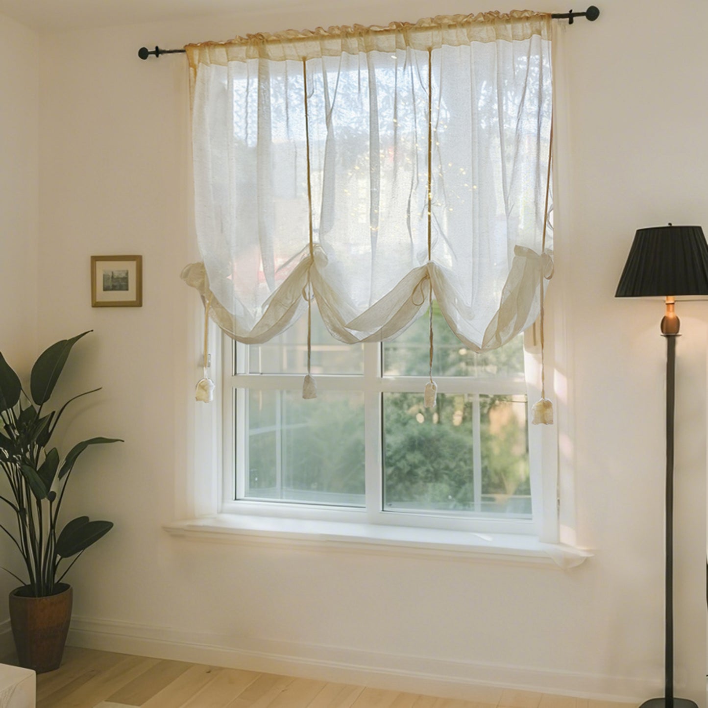 Rideau romain vintage semi-transparent aspect lin beige avec passe-tringle