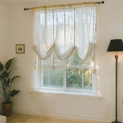 Rideau romain vintage semi-transparent aspect lin beige avec passe-tringle