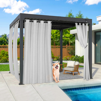 Semi-transparent, water-repellent outdoor curtain with eyelets for patio and balcony