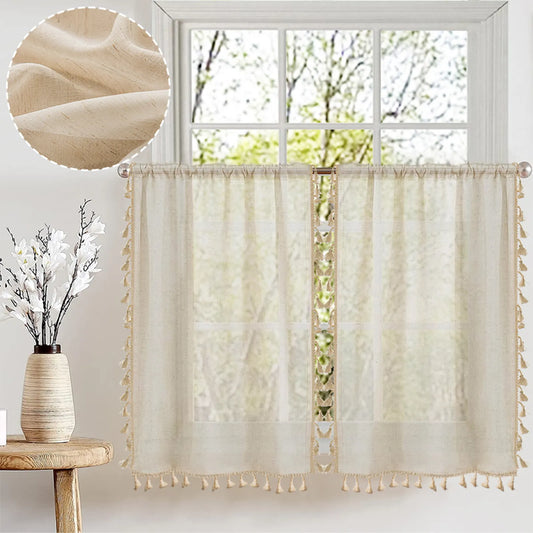 1 Panel Cream Tassels Window Tier Short Curtains