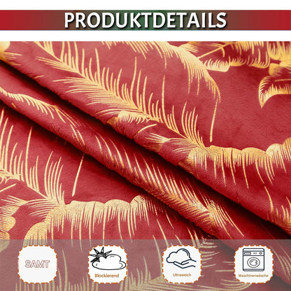 Rideaux de Noël en velours avec feuille d'or · Occultants · Rouge/Vert · 2 pièces