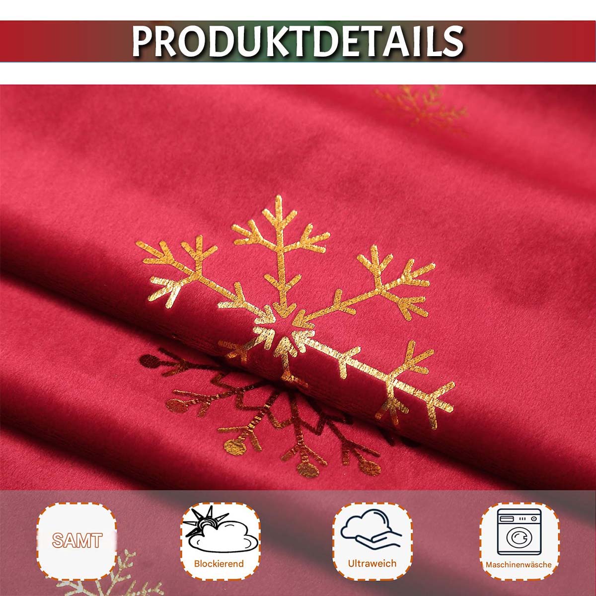 Weihnachts Samtvorhänge mit Goldfolie Schneeflocken 2-teilig Rot oder Grün