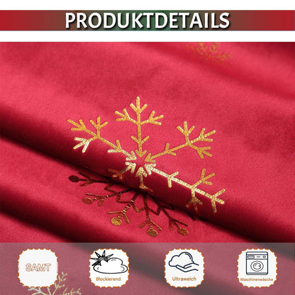 Weihnachts Samtvorhänge mit Goldfolie Schneeflocken 2-teilig Rot oder Grün