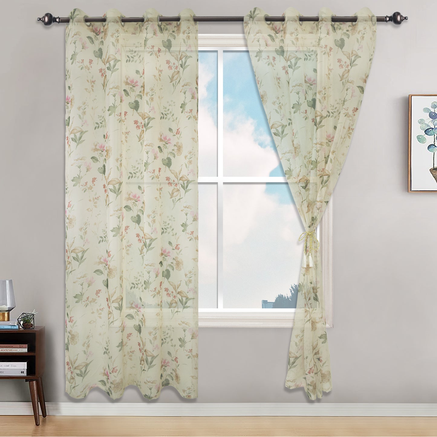 Floral Gauze Sheer Curtains, 1 Panel, Cream, 132x160cm/132x213cm/132x244cm