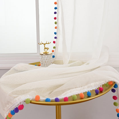 Rideaux transparents à pompons multicolores, 1 panneau, blanc, 132 x 164 cm/132 x 183 cm/132 x 214 cm/132 x 241 cm
