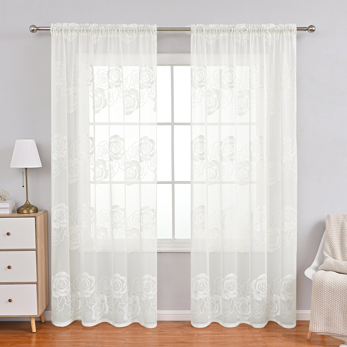 Rideaux transparents floqués à motif de roses, 1 panneau, blanc, 100 x 200 cm/100 x 250 cm/140 x 260 cm