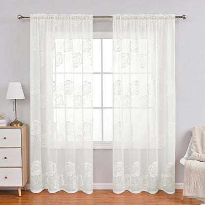 Rideaux transparents floqués à motif de roses, 1 panneau, blanc, 100 x 200 cm/100 x 250 cm/140 x 260 cm