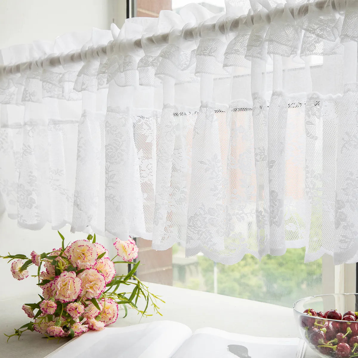 1 Panel Floral Lace Window Short Tier Curtains