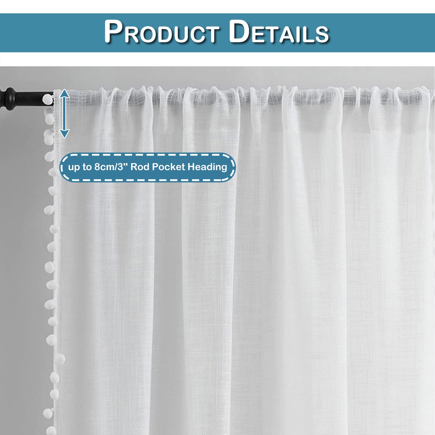 1 Panel White Pompom Semi-Sheer Sheer Curtains