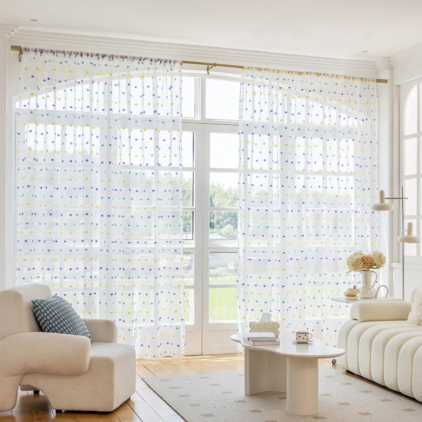 1 Panel Boho Rainbow Pom Pom Sheer Curtains Decor