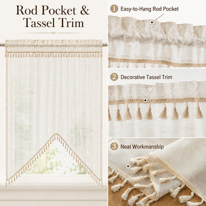 Arched cafe curtain in a linen blend with tassels in a country style