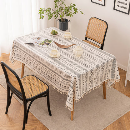 Boho tablecloth with tassels, waterproof, cotton linen, geometric pattern