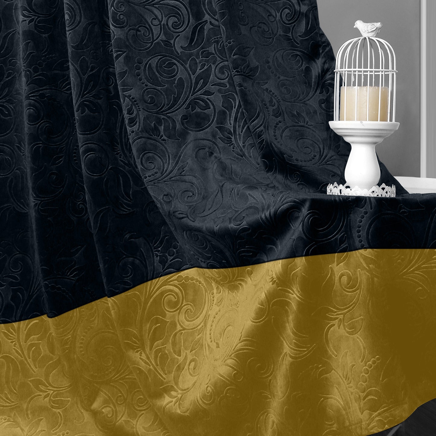 Rideaux en velours de luxe avec motif à blocs de couleurs · Noir et or