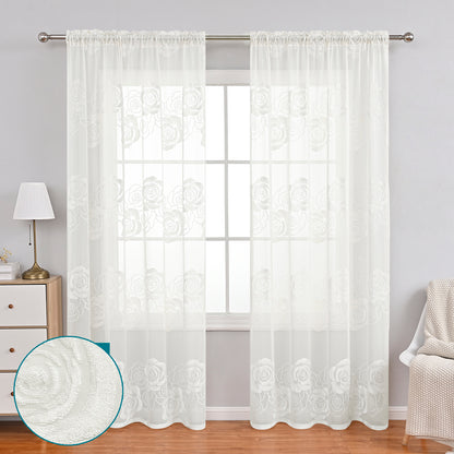 Rideaux transparents floqués à motif de roses, 1 panneau, blanc, 100 x 200 cm/100 x 250 cm/140 x 260 cm