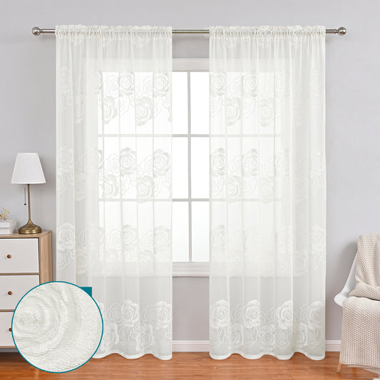 Flocking Rose Sheer Curtains, 1 Panel, White, 100*200cm/100*250cm/140*260cm