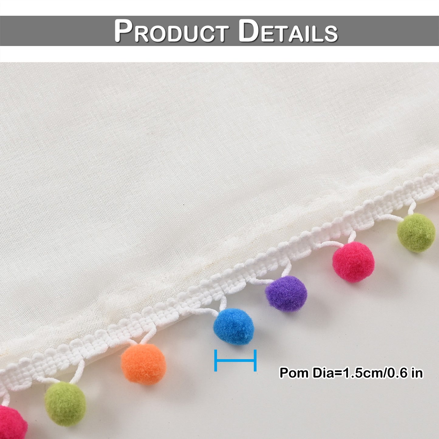 Rideaux transparents à pompons multicolores, 1 panneau, blanc, 132 x 164 cm/132 x 183 cm/132 x 214 cm/132 x 241 cm