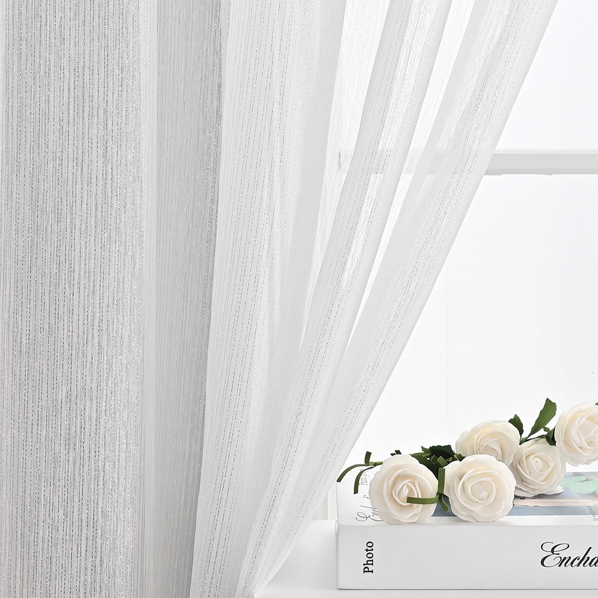 Rideaux transparents scintillants Silver Lines, 1 panneau, blanc, 100*130cm/100*200cm/100*250cm/140*260cm