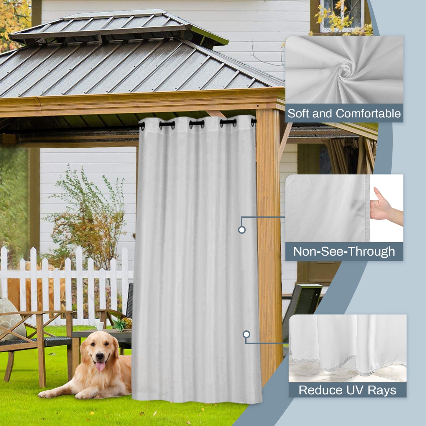 Semi-transparent, water-repellent outdoor curtain with eyelets for patio and balcony