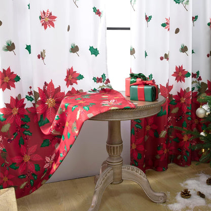Weihnachtsvorhang Rot Weiß mit Blumenmuster 2er Set