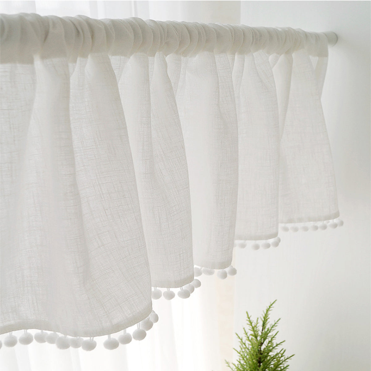 1 Panel Pompom Rod Pocket Überschrift Fenster Kurzer Sheer Tier Vorhang
