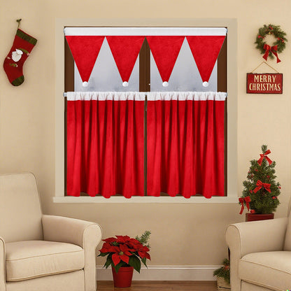 Weihnachtliches 3er-Set Kurzgardinen mit Pompoms – Rote Dekogardinen für Küche und Wohnzimmer