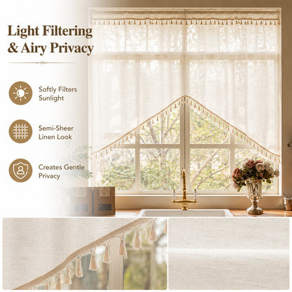 Arched cafe curtain in a linen blend with tassels in a country style