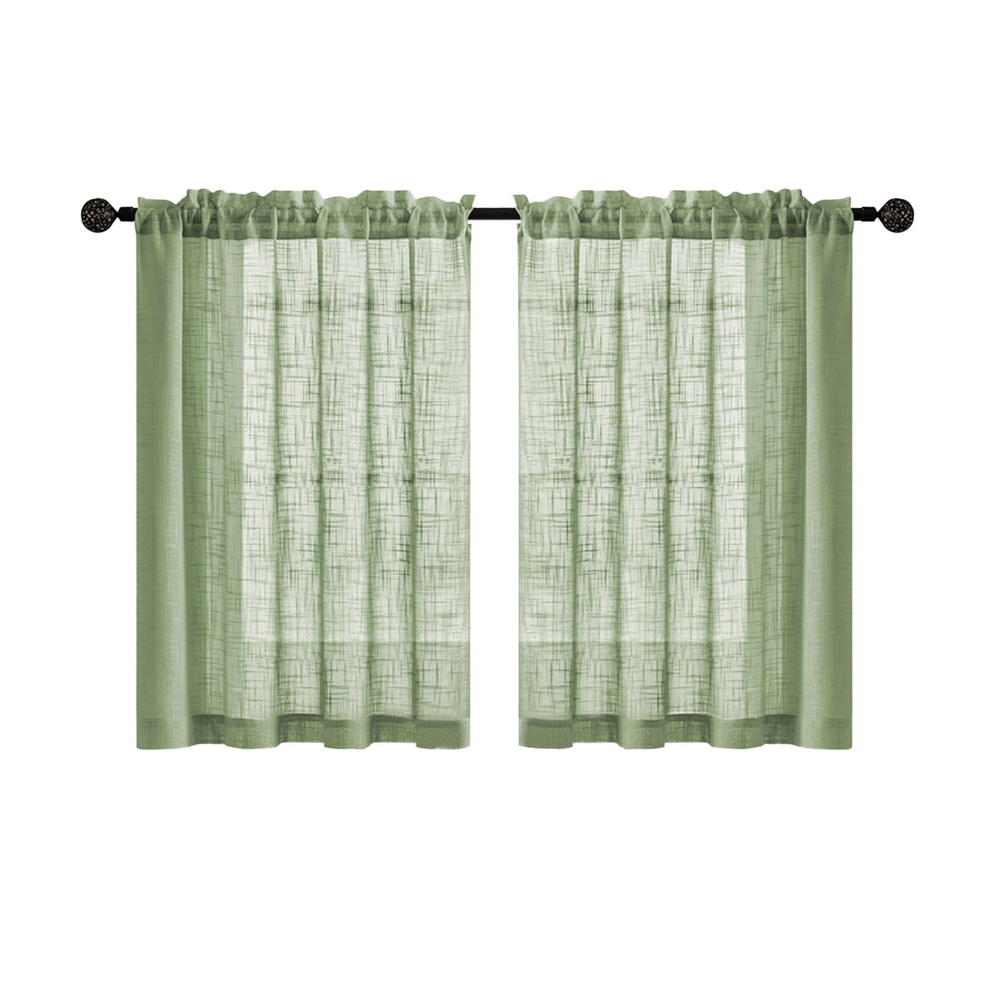 2 Short Linen-Look Sheer Curtains with Rod Pocket for Kitchen Bathroom Window