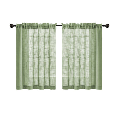 2 Short Linen-Look Sheer Curtains with Rod Pocket for Kitchen Bathroom Window