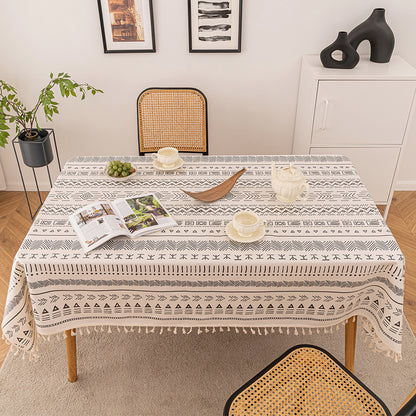 Boho tablecloth with tassels, waterproof, cotton linen, geometric pattern