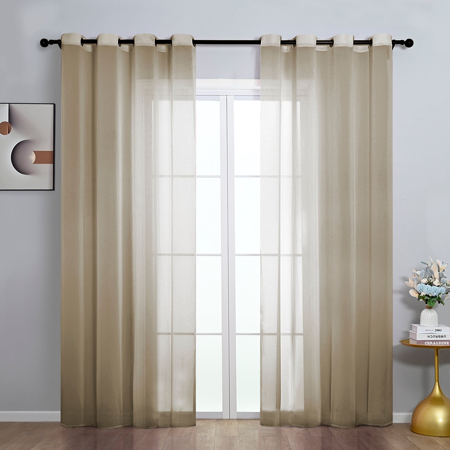 Rideaux transparents en mousseline de soie, 1 panneau, kaki, 140 x 145 cm/140 x 225 cm/140 x 265 cm