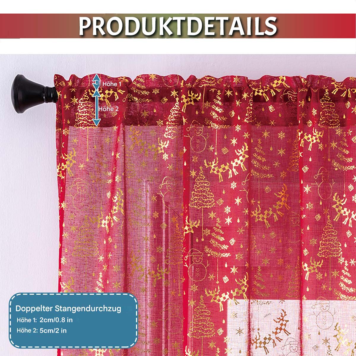 Christmas short curtains gold foil red or green 2-piece