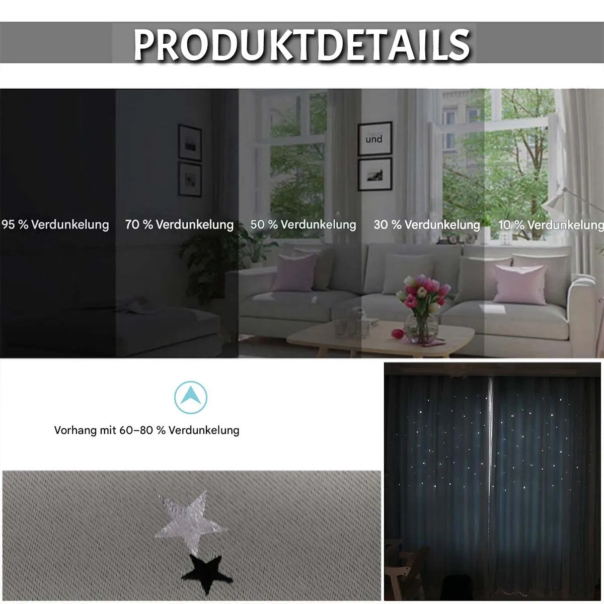 Blackout curtain with double-layered tulle, cut-out stars and silver print – 1 piece