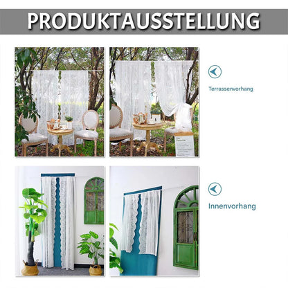 Two-piece transparent lace curtain with floral pattern and rod pocket in white