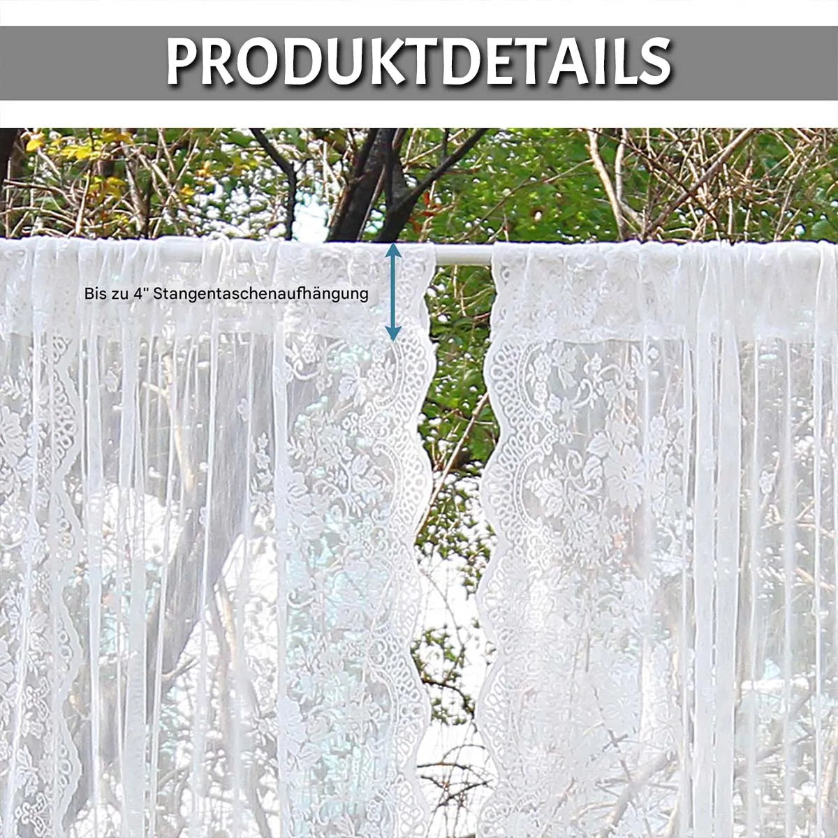 Two-piece transparent lace curtain with floral pattern and rod pocket in white