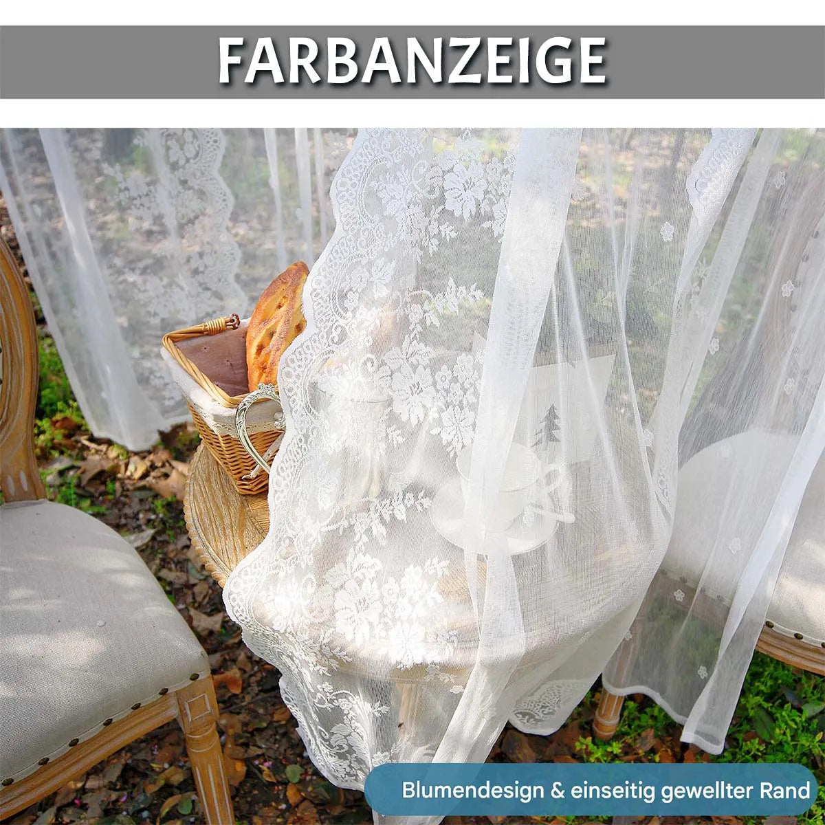 Two-piece transparent lace curtain with floral pattern and rod pocket in white