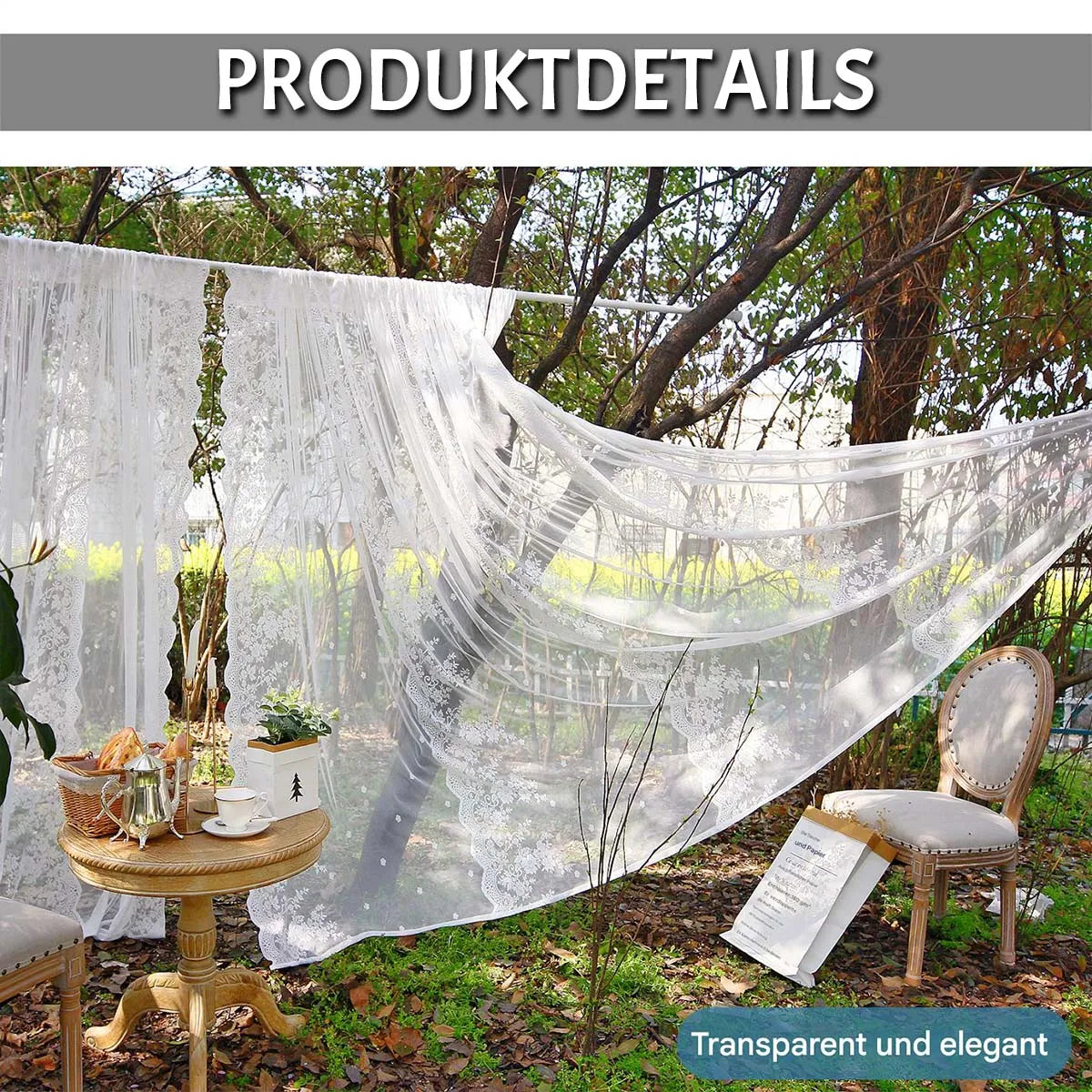 Two-piece transparent lace curtain with floral pattern and rod pocket in white