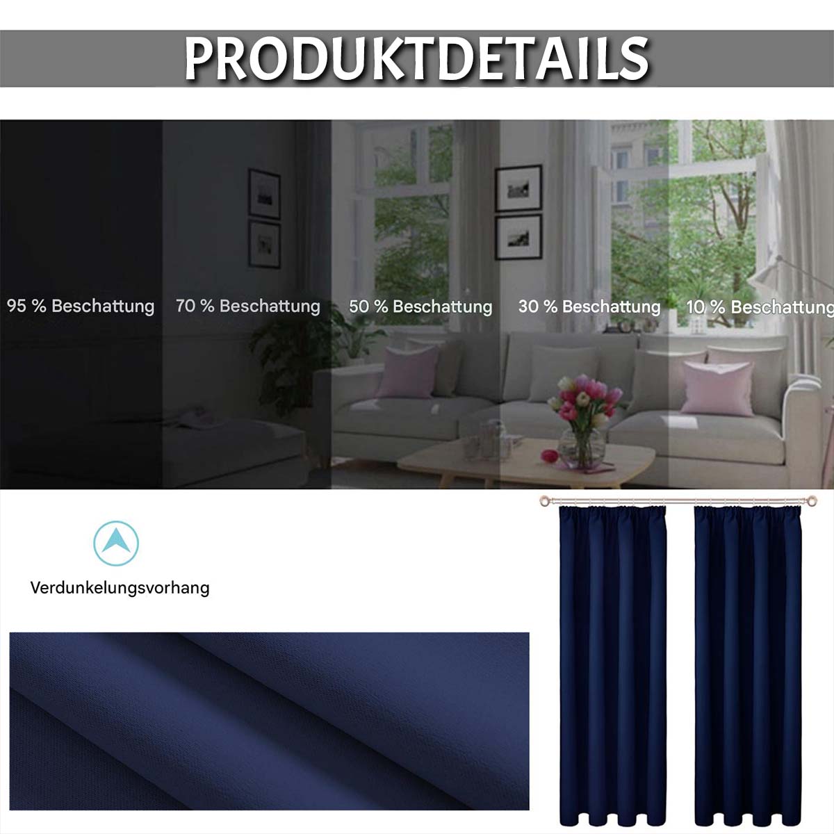 Verdunkelungsvorhang mit Faltenband – Thermo, Blickdicht, 1/2 Panels