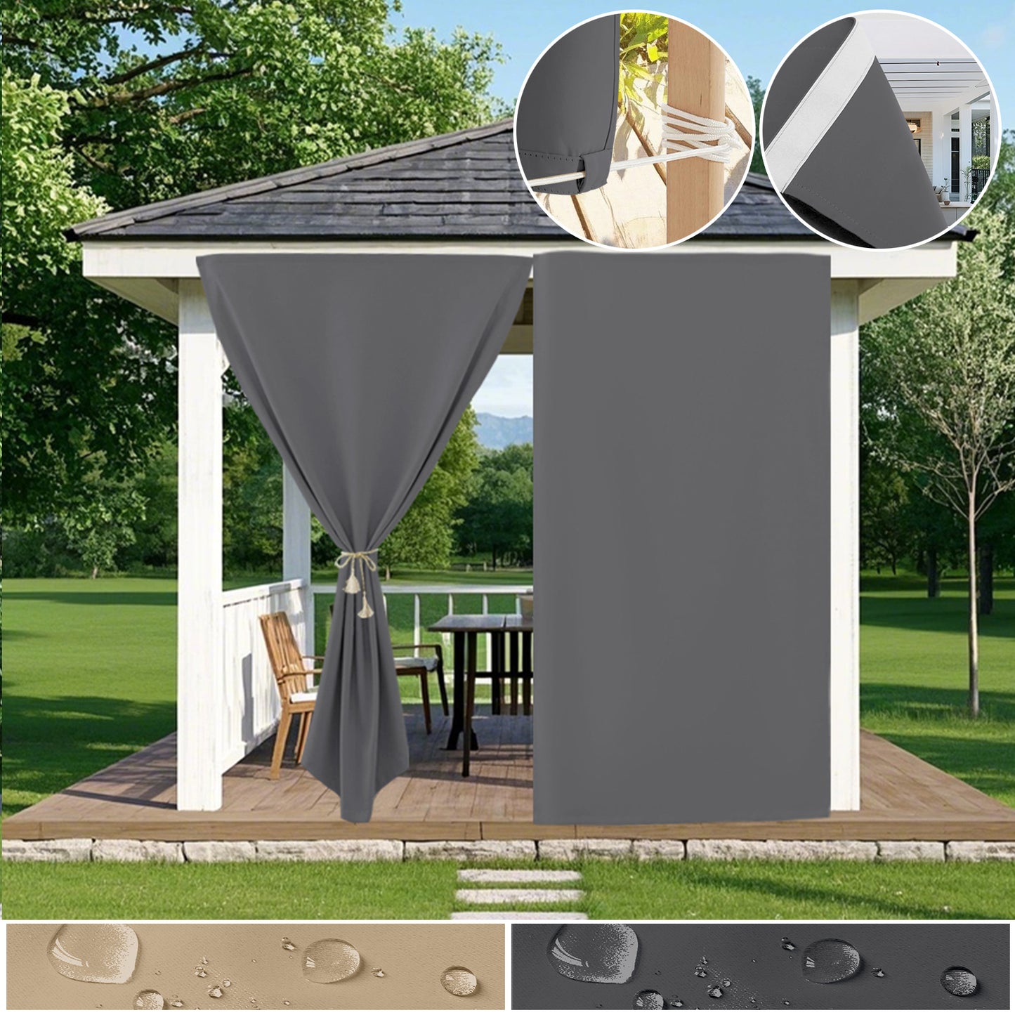 Patio windproof and waterproof blackout curtain with Velcro fastening for garden and terrace
