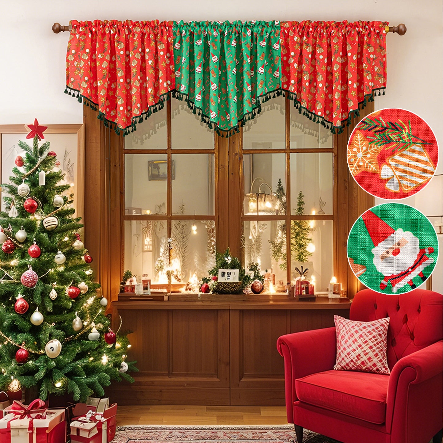 Christmas curtain with tassels – short decorative curtain in red or green, 150 × 60 cm