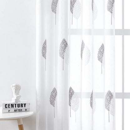 2 Panel Embroidered Leave Voile Window Sheer Curtains