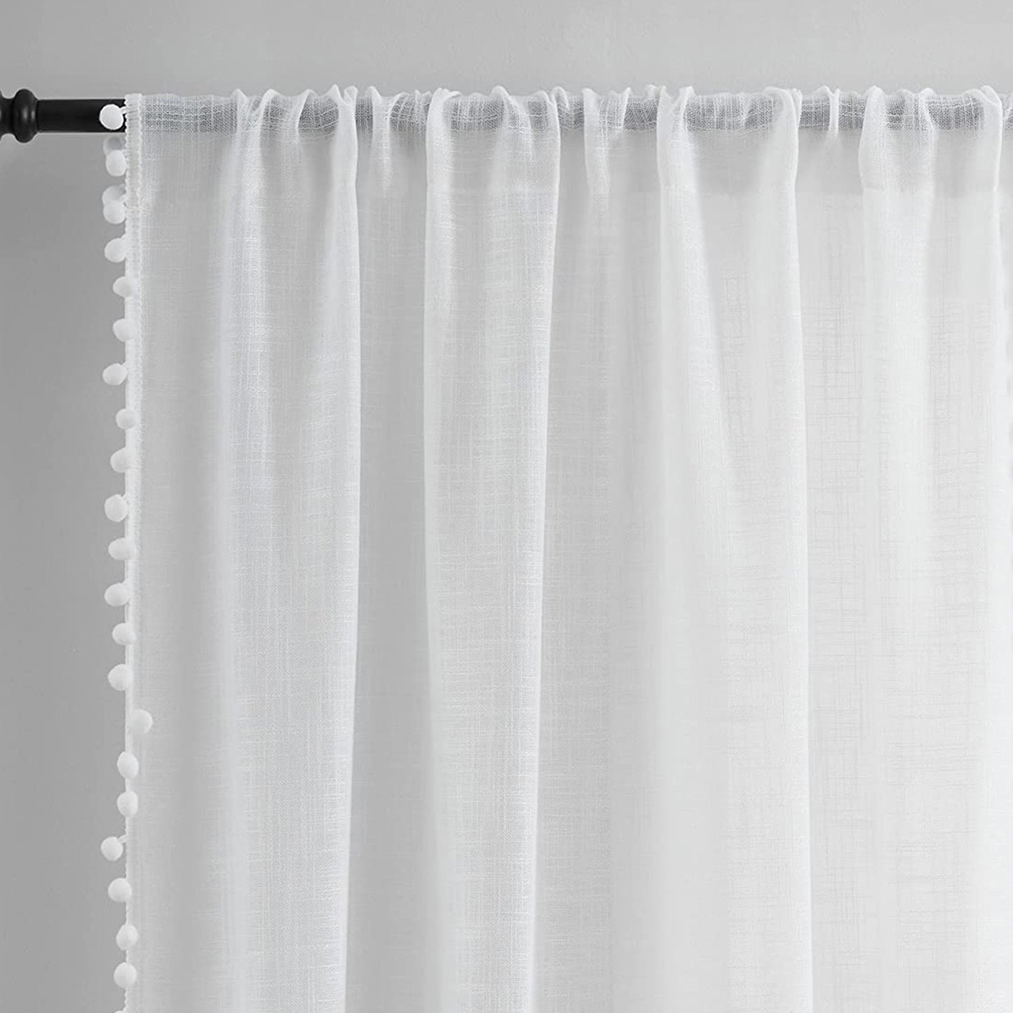 1 Panel White Pompom Semi-Sheer Sheer Curtains