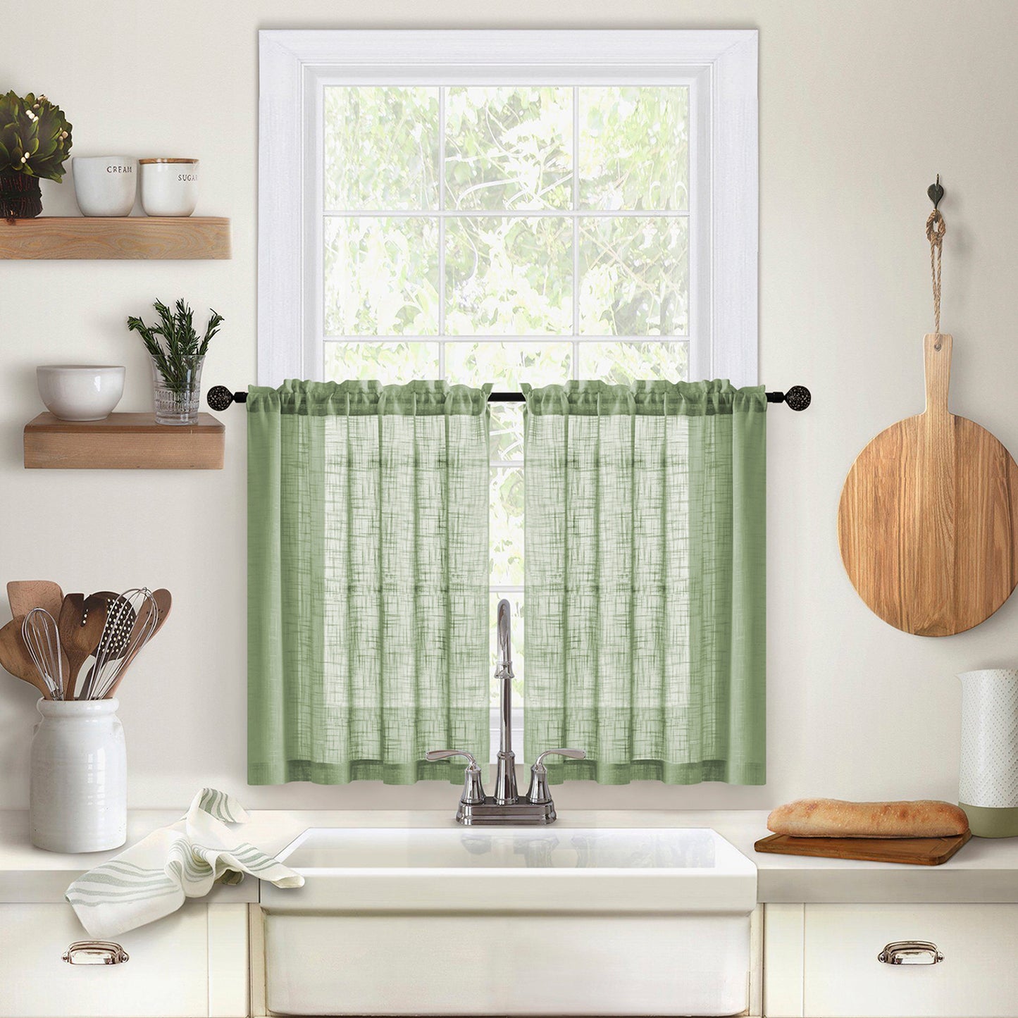 2 Short Linen-Look Sheer Curtains with Rod Pocket for Kitchen Bathroom Window