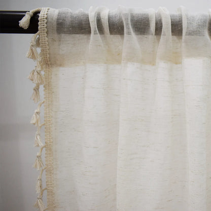 1 Panel Boho Cream Vintage Tassel Sheer Curtains