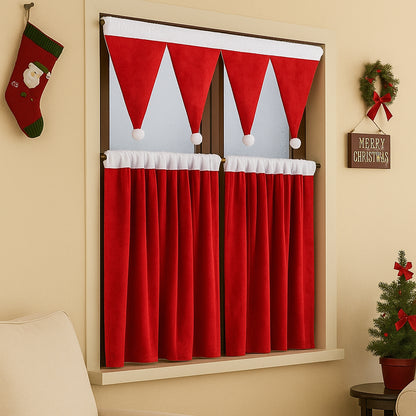 Weihnachtliches 3er-Set Kurzgardinen mit Pompoms – Rote Dekogardinen für Küche und Wohnzimmer