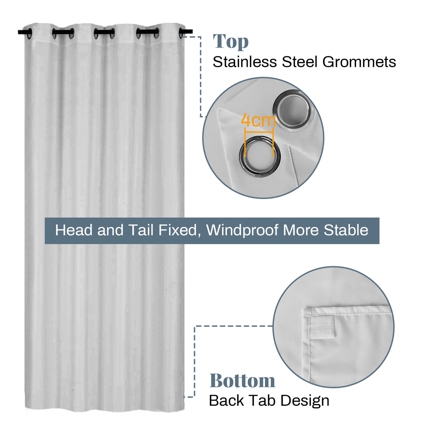 Semi-transparent, water-repellent outdoor curtain with eyelets for patio and balcony