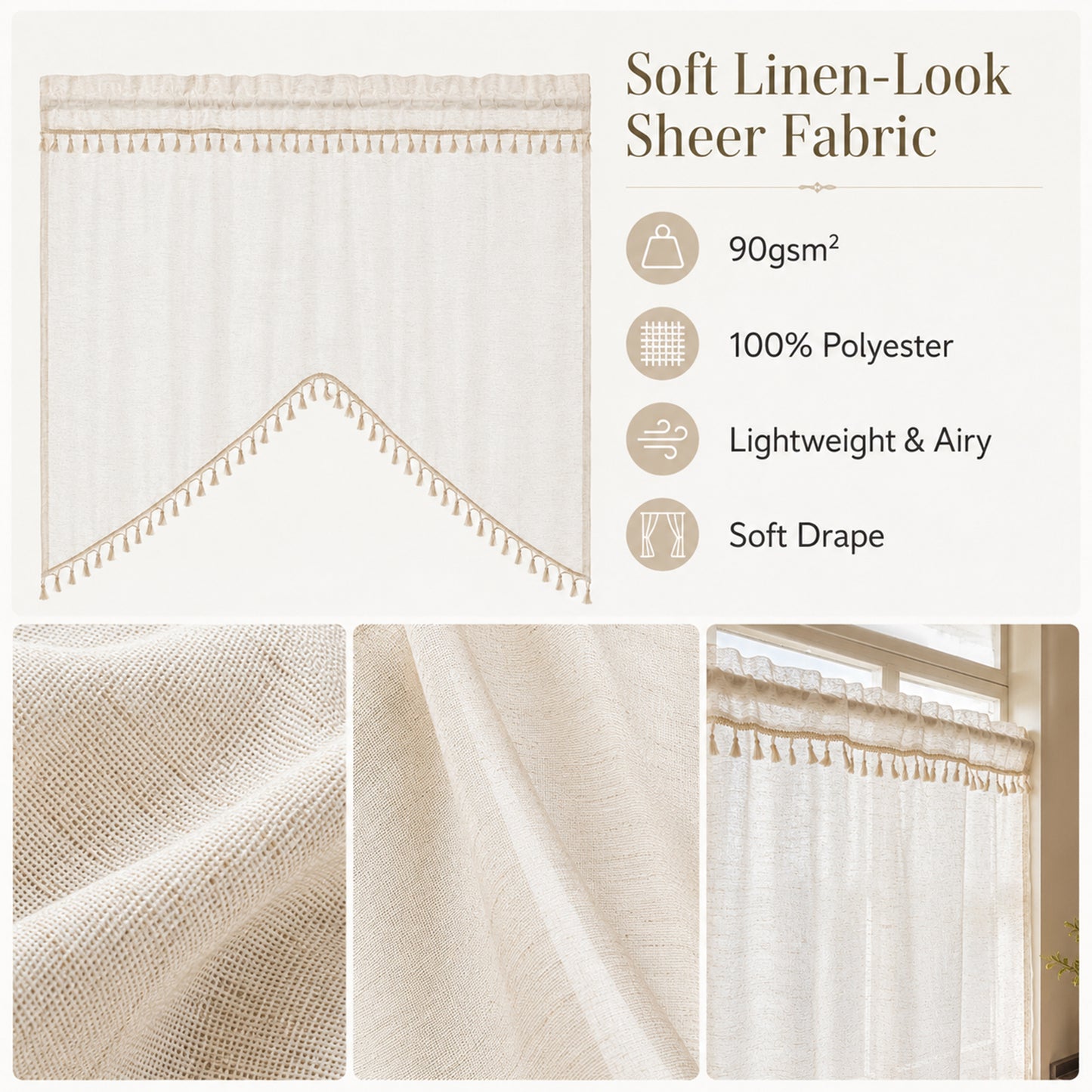 Arched cafe curtain in a linen blend with tassels in a country style